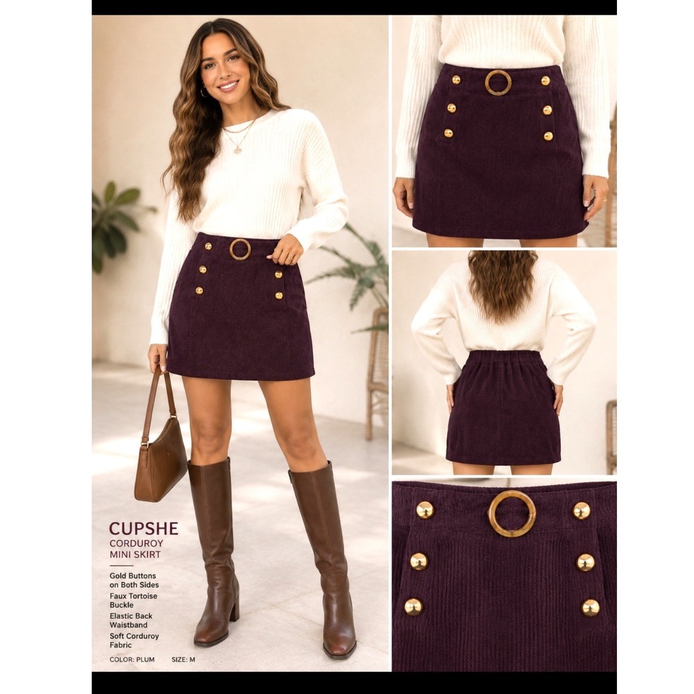 CUPSHE NEW Plum Corduroy Mini Skirt Gold Buttons Faux Tortoise Buckle M